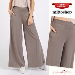Mittoshop Yoga Air Stretch Elastic Waist Side Pocket Wide Leg Pants | Taupe